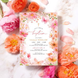 Blommigt Butterfly Baptism Rosa Orange Girl Inbjudningar