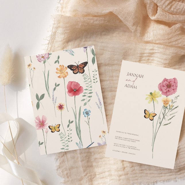Blommigt Butterfly Bröllop Inbjudningar (Simple Colorful Wildflower Floral Wedding Invitation)