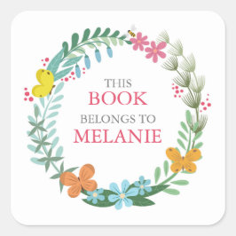 Blommigt Butterfly Colorful Wand Bookplate Sticker Fyrkantigt Klistermärke