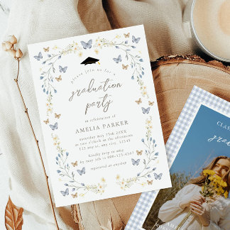 Blommigt Butterfly Dusty Blue Photo Studenten Inbjudningar