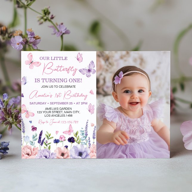 Blommigt Butterfly Garden Birthday Photo-inbjudan Tack Kort (Skapare uppladdad)