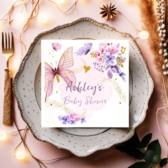 Blommigt Butterfly Garden Rosa Girl Baby Shower Pappersservett (Skapare uppladdad)