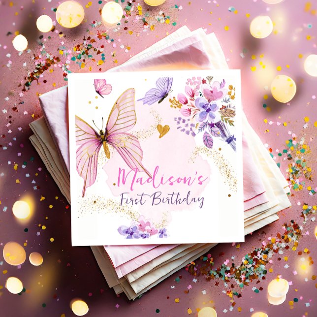 Blommigt Butterfly Garden Rosa Lila Girl Birthday Pappersservett (Skapare uppladdad)