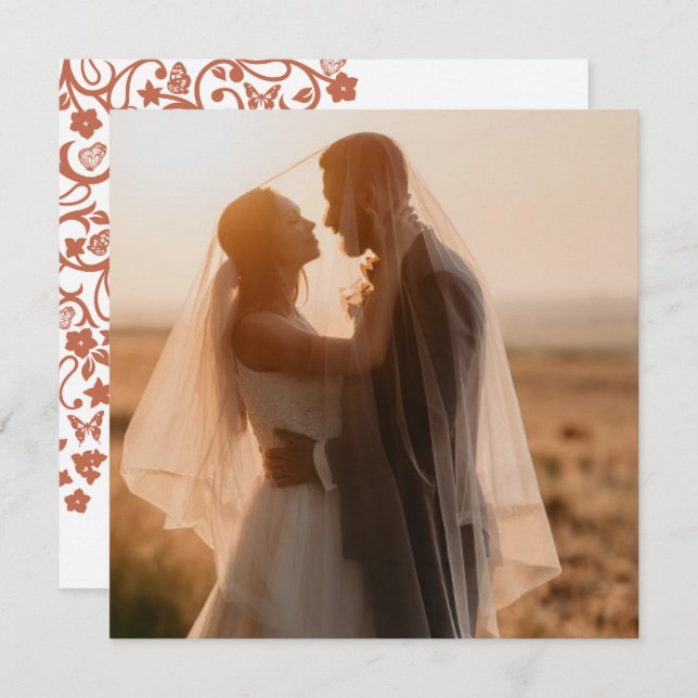 Blommigt Butterfly Garden Terracotta Square Photo Tack Kort (Fram/baksida)