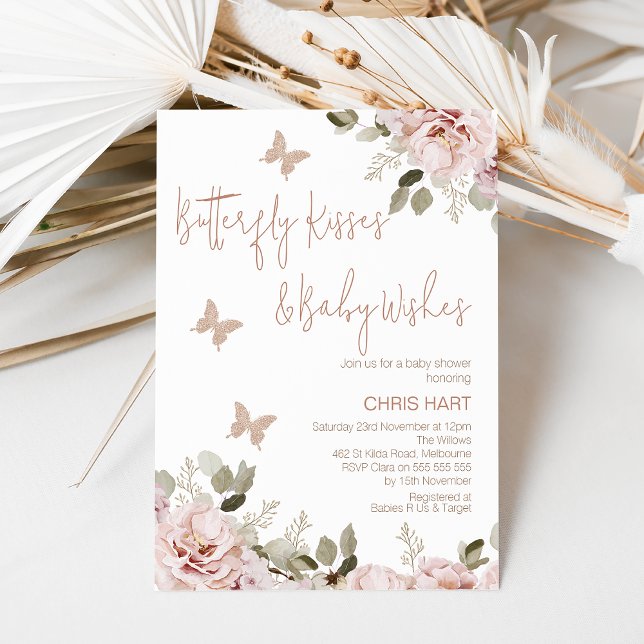  Blommigt Butterfly Kisses Baby Shower Inbjudningar (Blush Boho Floral Butterfly Kisses and Baby Wishes Baby Shower Invitation Template, Bohemian)