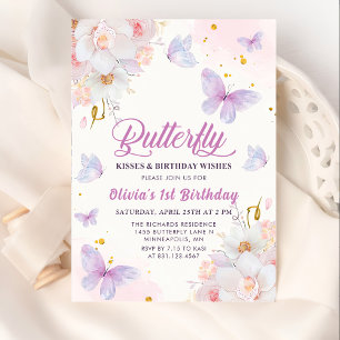 Blommigt Butterfly Kisses Lila Girl Birthday Inbjudningar