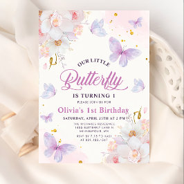 Blommigt Butterfly Lila Girl Birthday Inbjudningar