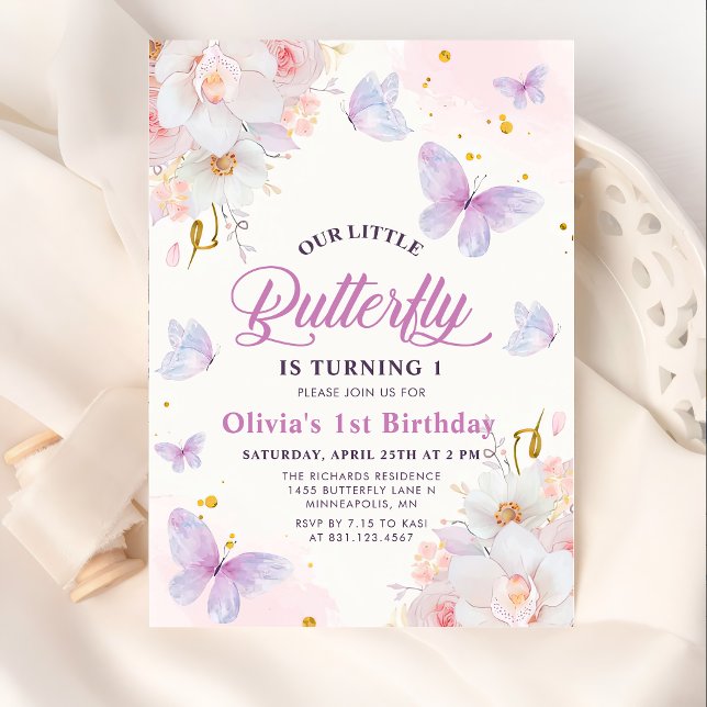 Blommigt Butterfly Lila Girl Birthday Inbjudningar (Skapare uppladdad)