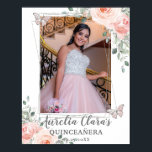 Blommigt Butterfly Quinceanera Birthday Photo Poster<br><div class="desc">Anpassa denna vackra välkomstskylt för  rosa med din egen formulering enkelt och snabbt,  tryck bara på anpassningsknappen för att ytterligare ordna om och formatera stil och placera texten. Underbar för quinceanera,  födelsedagsfest,  möhippa,  babydusch,  nyfödd bebis osv. c) Lycklig Cat Studio.</div>