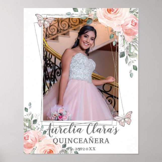  Blommigt Butterfly Quinceanera Birthday Photo Poster (Framsidan)