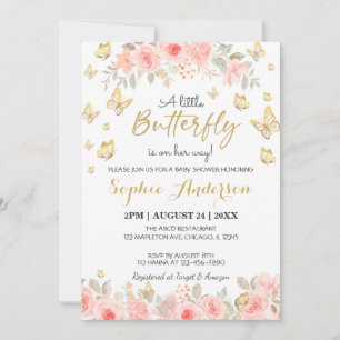 Blommigt Butterfly Rosa ros Guld Baby Shower Inbjudningar