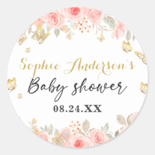 Blommigt Butterfly Rosa ros Guld Baby Shower Runt Klistermärke