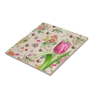Blommigt Butterfly Rosa Tulip, keramiskt plattor Kakelplatta