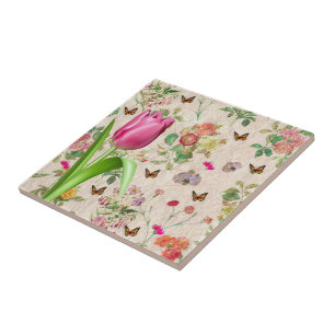 Blommigt Butterfly Rosa Tulip, keramiskt plattor Kakelplatta