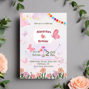 Blommigt Butterfly rosa & vit 5:e moderna födelsed Inbjudningar