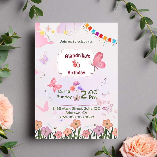 Blommigt Butterfly rosa & vit 5:e moderna födelsed Inbjudningar (Skapare uppladdad)