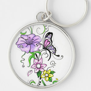Blommigt Butterfly Rund Silverfärgad Nyckelring