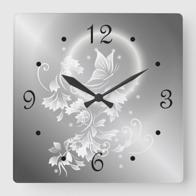 Blommigt Butterfly Silver Nummer Fyrkantig Klocka (Framsida)