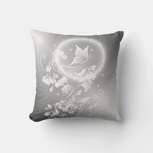 Blommigt Butterfly Silver White Fantasy Kudde (Framsida)