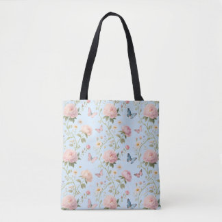Blommigt Butterfly Tote Bag med Peonies Tygkasse