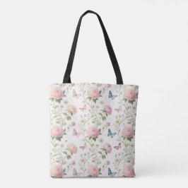 Blommigt Butterfly Tote Bag med Peonies Tygkasse