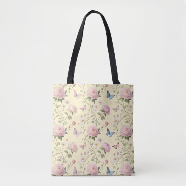 Blommigt Butterfly Tote Bag med Peonies Tygkasse (Framsida)