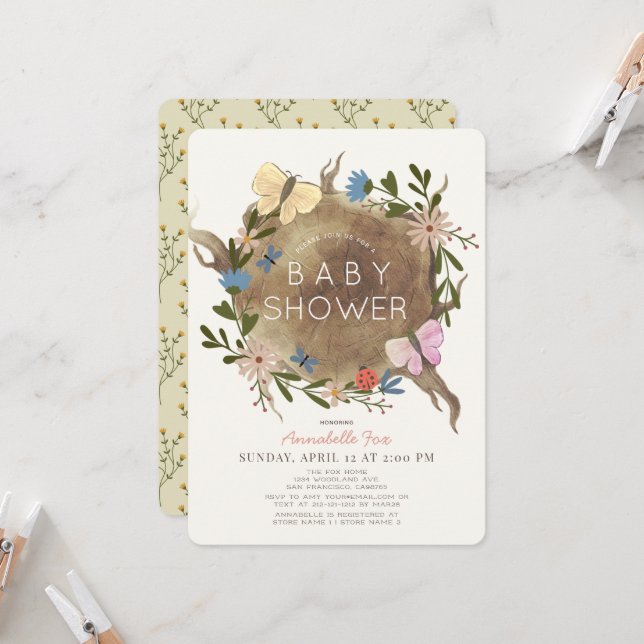 Blommigt Butterfly Wood Stump Baby Shower-inbjudan Inbjudningar (Fram/Back In Situ)