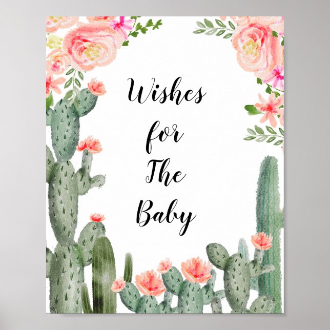 Blommigt Cactus Baby Shower Önskemål för Baby-teck Poster (Framsidan)