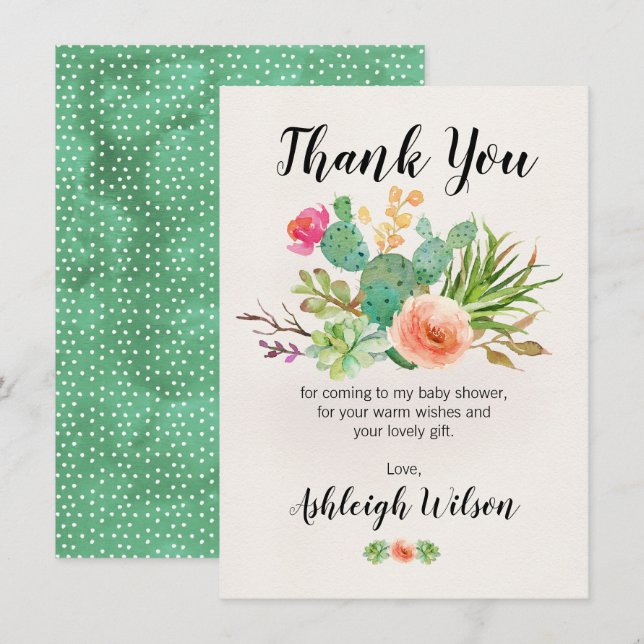 Blommigt Cactus Baby Shower than you Card Inbjudningar (Fram/baksida)