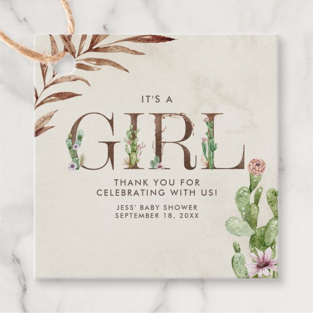 Blommigt Cactus Leather Girl Baby Shower Gåvor Etiketter (Framsida)
