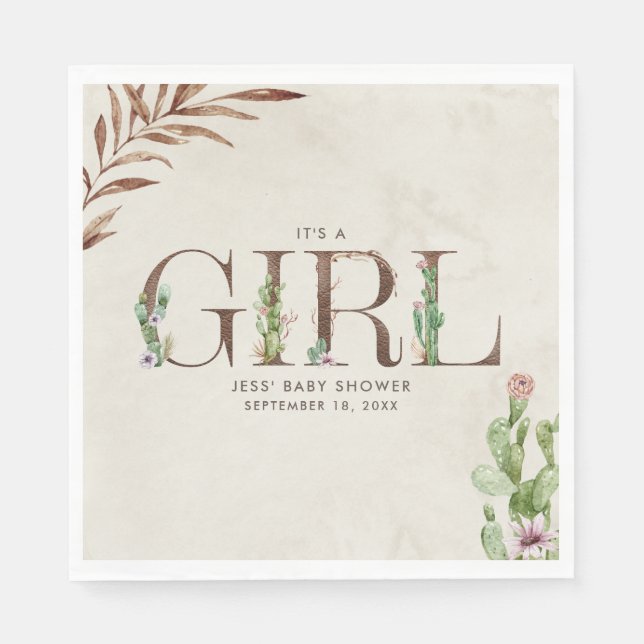 Blommigt Cactus Leather Girl Baby Shower Pappersservett (Framsidan)