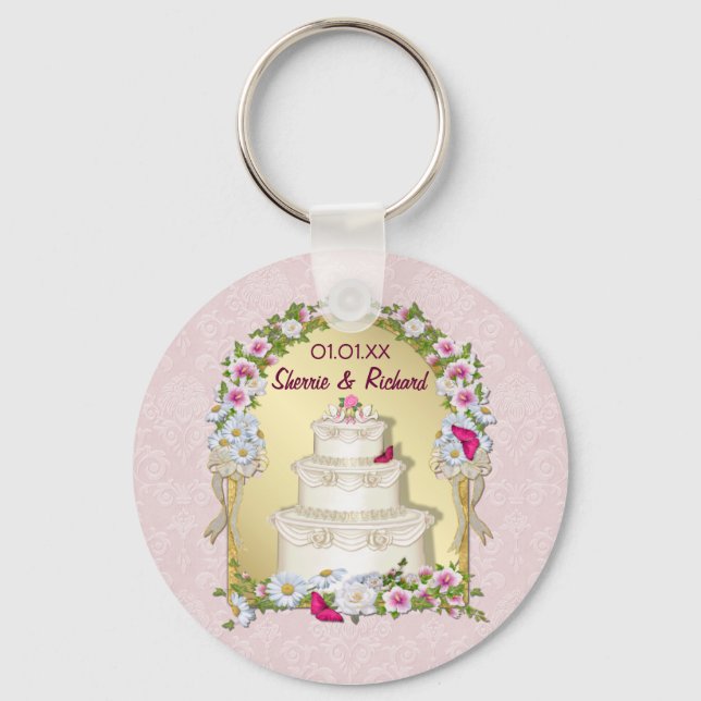 Blommigt Cake Bröllop Nyckelring (Framsida)