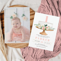 Blommigt Cake First Birthday Inbjudan - any age Ph