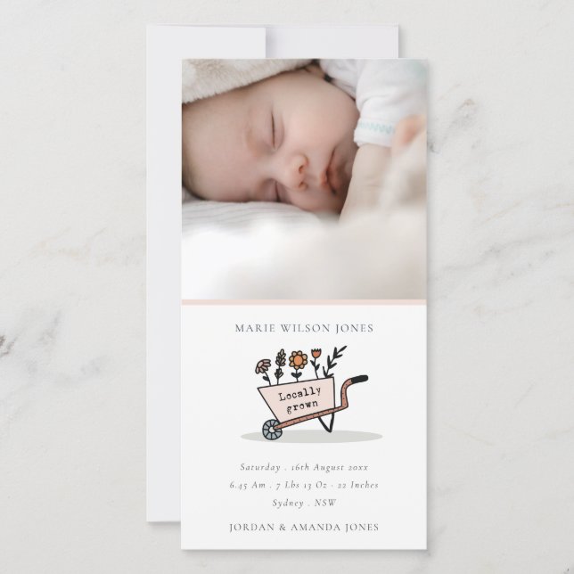  Blommigt Cart Photo Baby Birth Notice Tack Kort (Framsida)