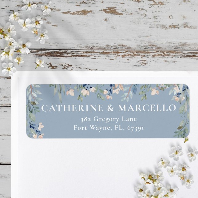 Blommigt Cascade Dusty Blue Bröllop Returadress Etikett (Floral Cascade Dusty Blue Wedding Return Address Label)
