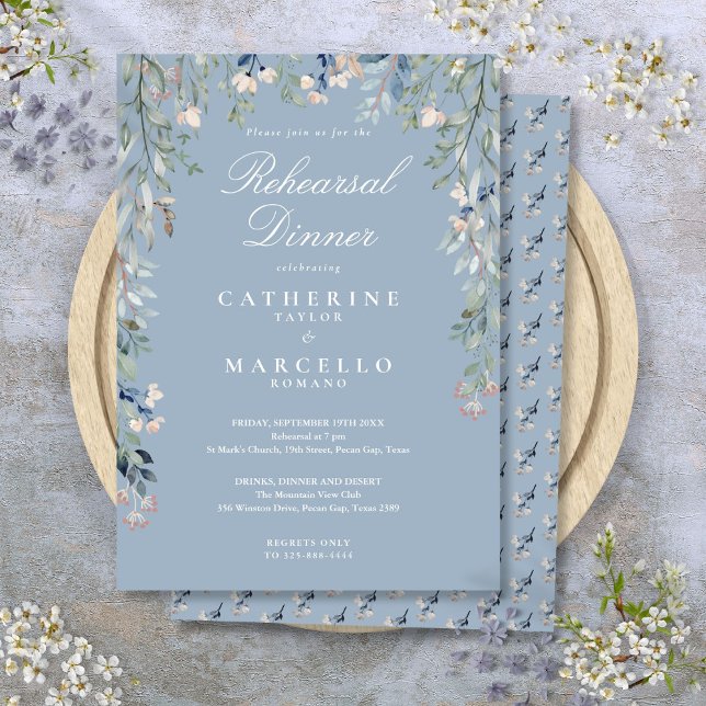 Blommigt Cascade Dusty Blue Rehearsal Dinner Inbjudningar (Floral Cascade Dusty Blue Rehearsal Dinner Invitation)