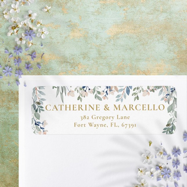 Blommigt Cascade Guld Bröllop Returadress Returadress Etikett (Floral Cascade Gold Wedding Return Address Label)