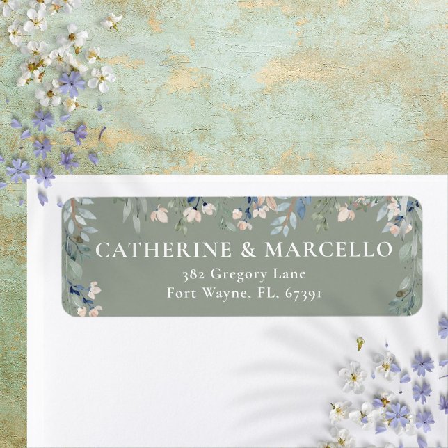 Blommigt Cascade Sage Grönt Bröllop Returadress Returadress Etikett (Floral Cascade Sage Green Wedding Return Address Label)