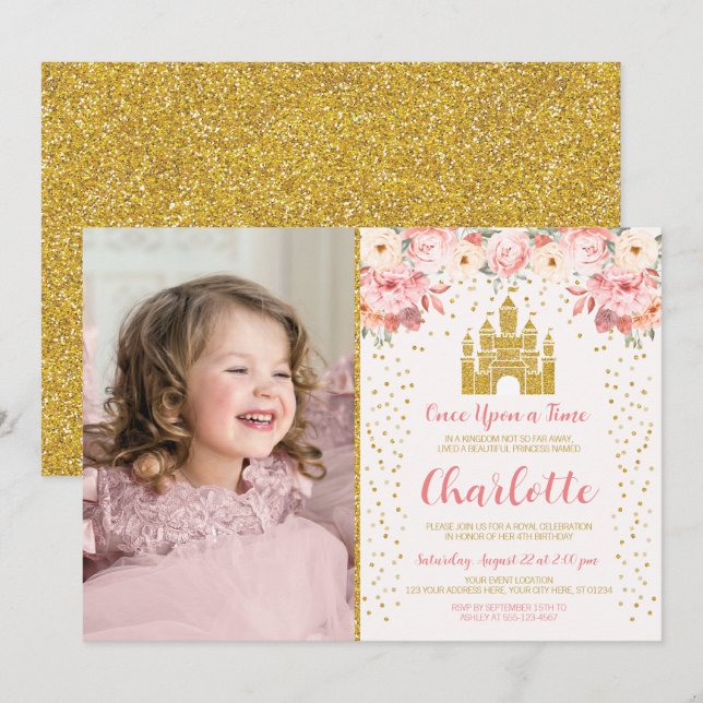 Blommigt Castle för inbjudan till Princess Birthda (Fram/baksida)