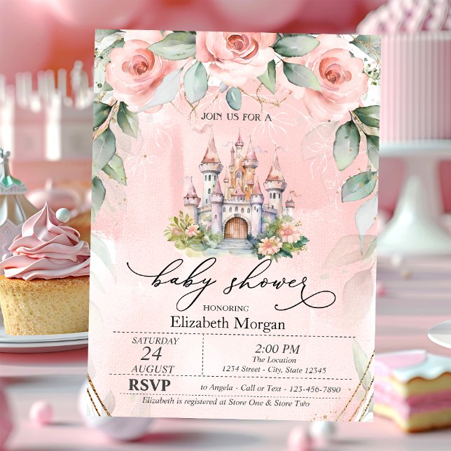 Blommigt Castle Rosa ros Baby Shower Inbjudningar (Skapare uppladdad)