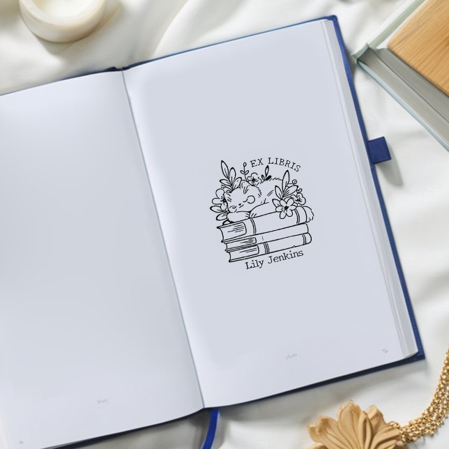 Blommigt Cat Bookplate Stämpel (Skapare uppladdad)