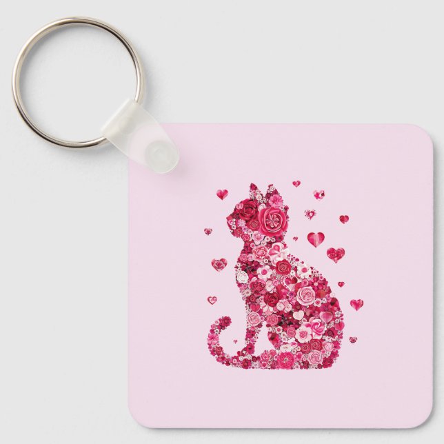 Blommigt Cat Silhouette Art Nyckelring (Framsida)