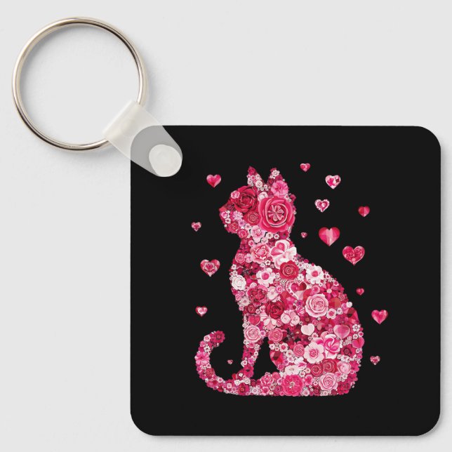 Blommigt Cat Silhouette Art Nyckelring (Framsida)