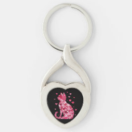 Blommigt Cat Silhouette Art Twisted Heart Silverfärgad Nyckelring
