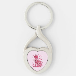 Blommigt Cat Silhouette Art Twisted Heart Silverfärgad Nyckelring