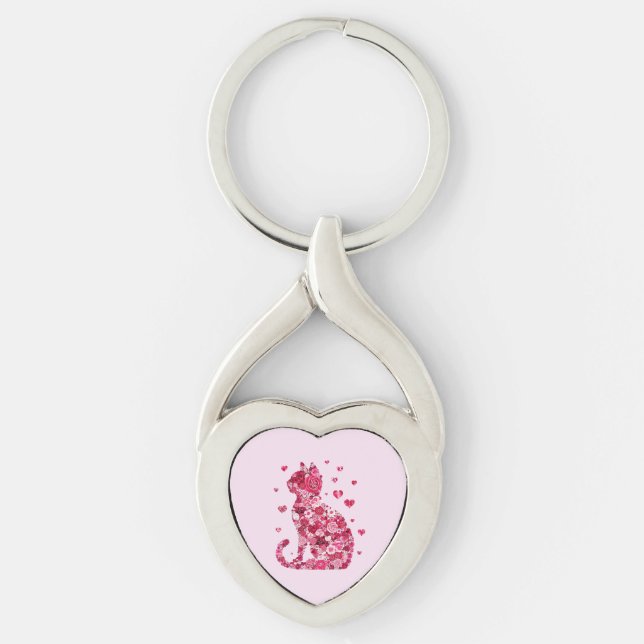 Blommigt Cat Silhouette Art Twisted Heart Silverfärgad Nyckelring (Framsidan)
