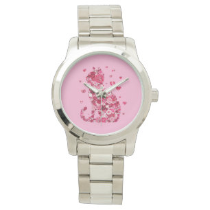 Blommigt Cat Silhouette ArtFaux Wrapped Canvas Skr Armbandsur