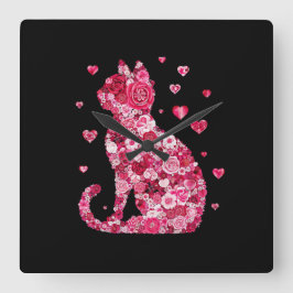 Blommigt Cat Silhouette ArtFaux Wrapped Canvas Skr Fyrkantig Klocka