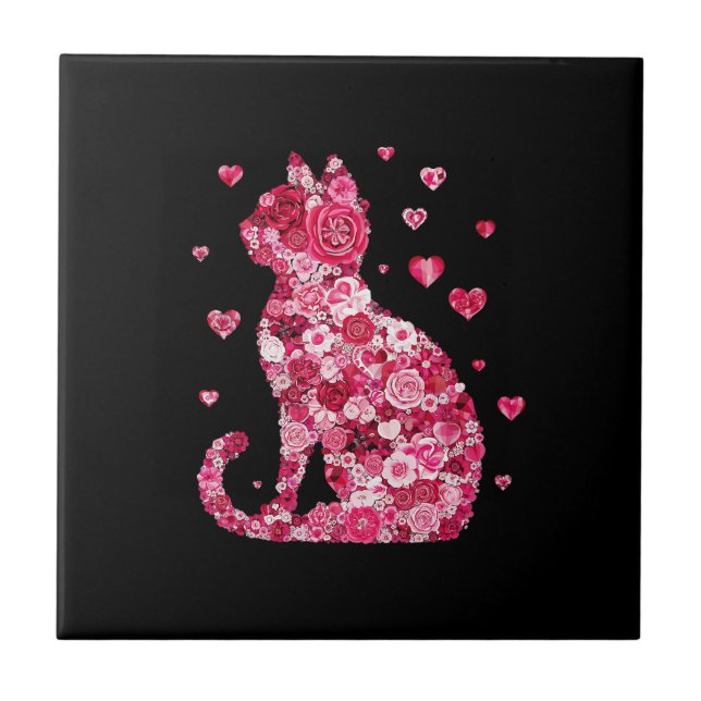 Blommigt Cat Silhouette ArtFaux Wrapped Canvas Skr Kakelplatta (Framsidan)