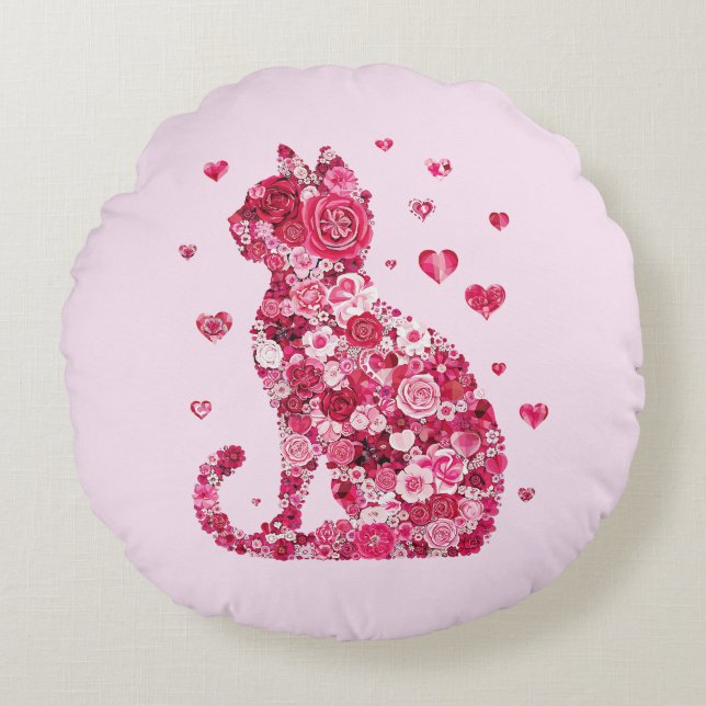 Blommigt Cat Silhouette ArtFaux Wrapped Canvas Skr Rund Kudde (Framsidan)